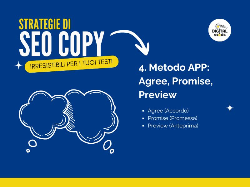 10 strategie di SEO Copywriting per Rendere i Tuoi Testi Irresistibili 4 10 Strategie di Seo Copy irresistibili per il tuo sito: Metodo Agree, Promise, Preview